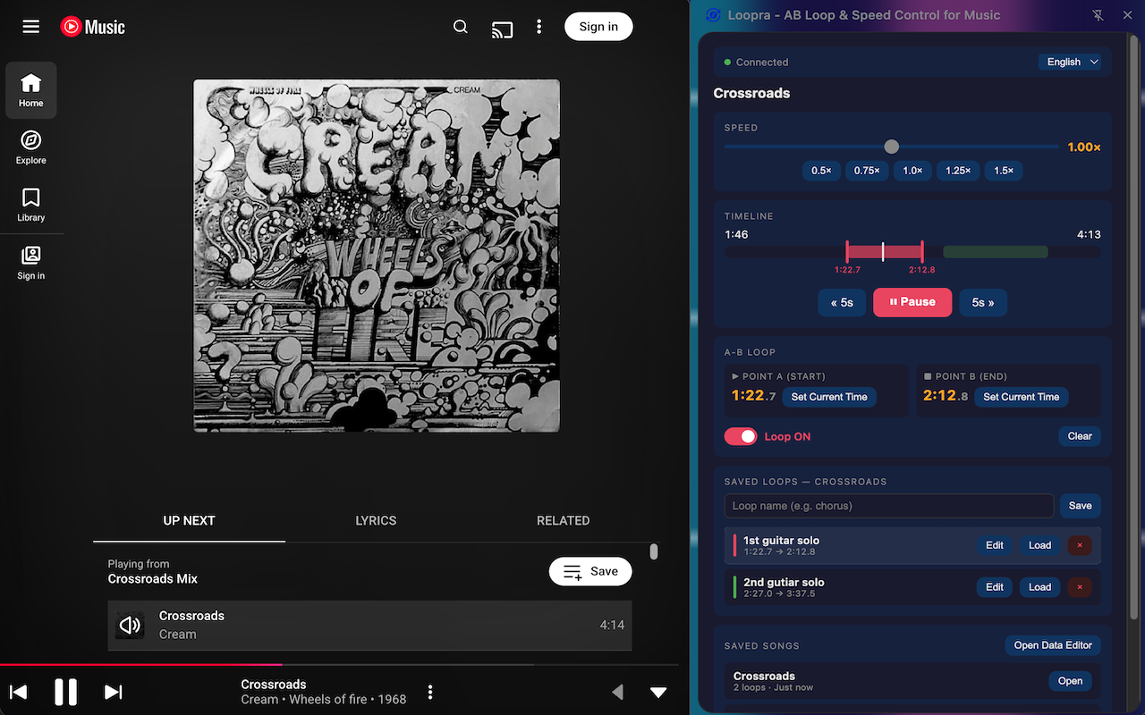 Loopra side panel showing AB loop controls and saved loops on YouTube Music